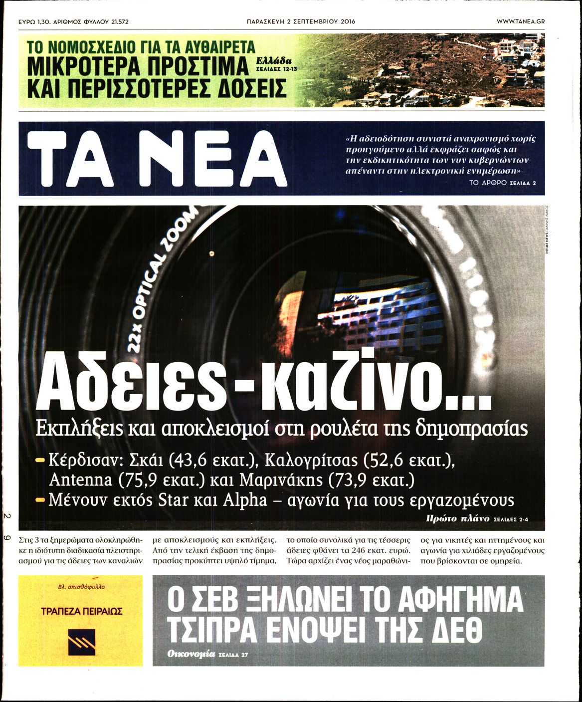Εξώφυλο εφημερίδας ΤΑ ΝΕΑ 2016-09-02