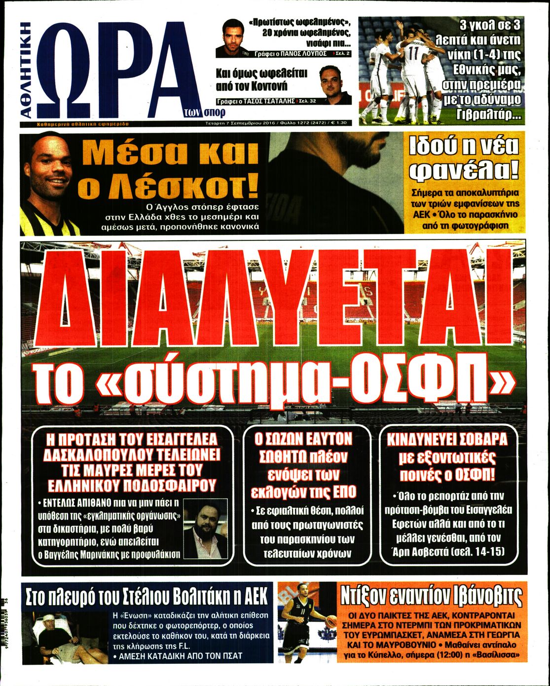 Εξώφυλο εφημερίδας ΩΡΑ ΓΙΑ ΣΠΟΡ 2016-09-07