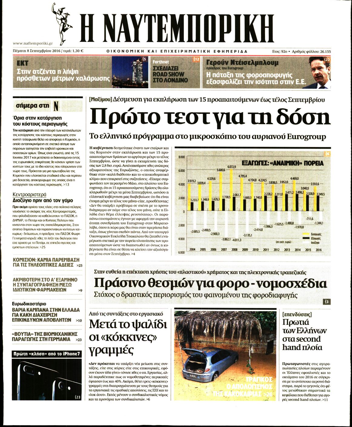 Εξώφυλο εφημερίδας ΝΑΥΤΕΜΠΟΡΙΚΗ 2016-09-08