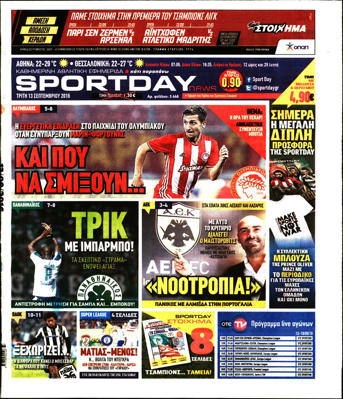 Εξώφυλο εφημερίδας SPORTDAY 2016-09-13