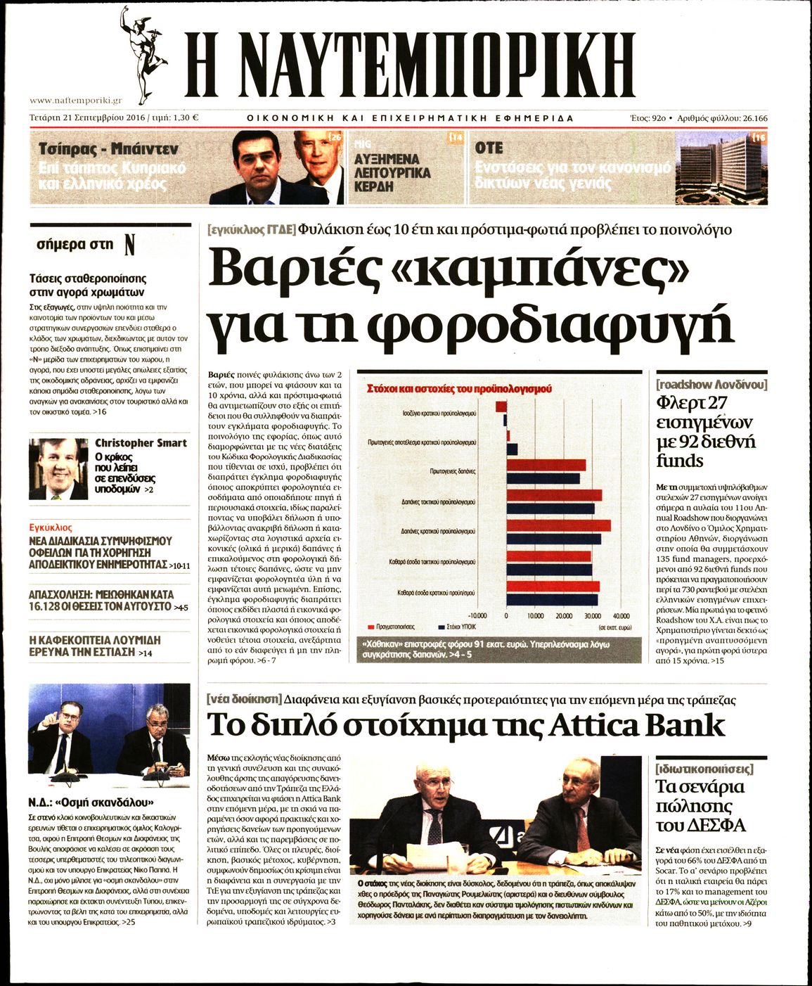 Εξώφυλο εφημερίδας ΝΑΥΤΕΜΠΟΡΙΚΗ 2016-09-21