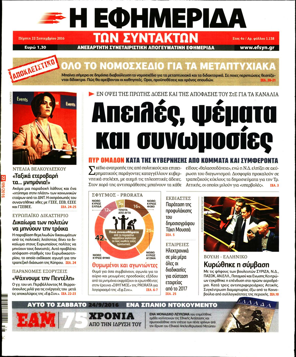 Εξώφυλο εφημερίδας ΤΩΝ ΣΥΝΤΑΚΤΩΝ 2016-09-22