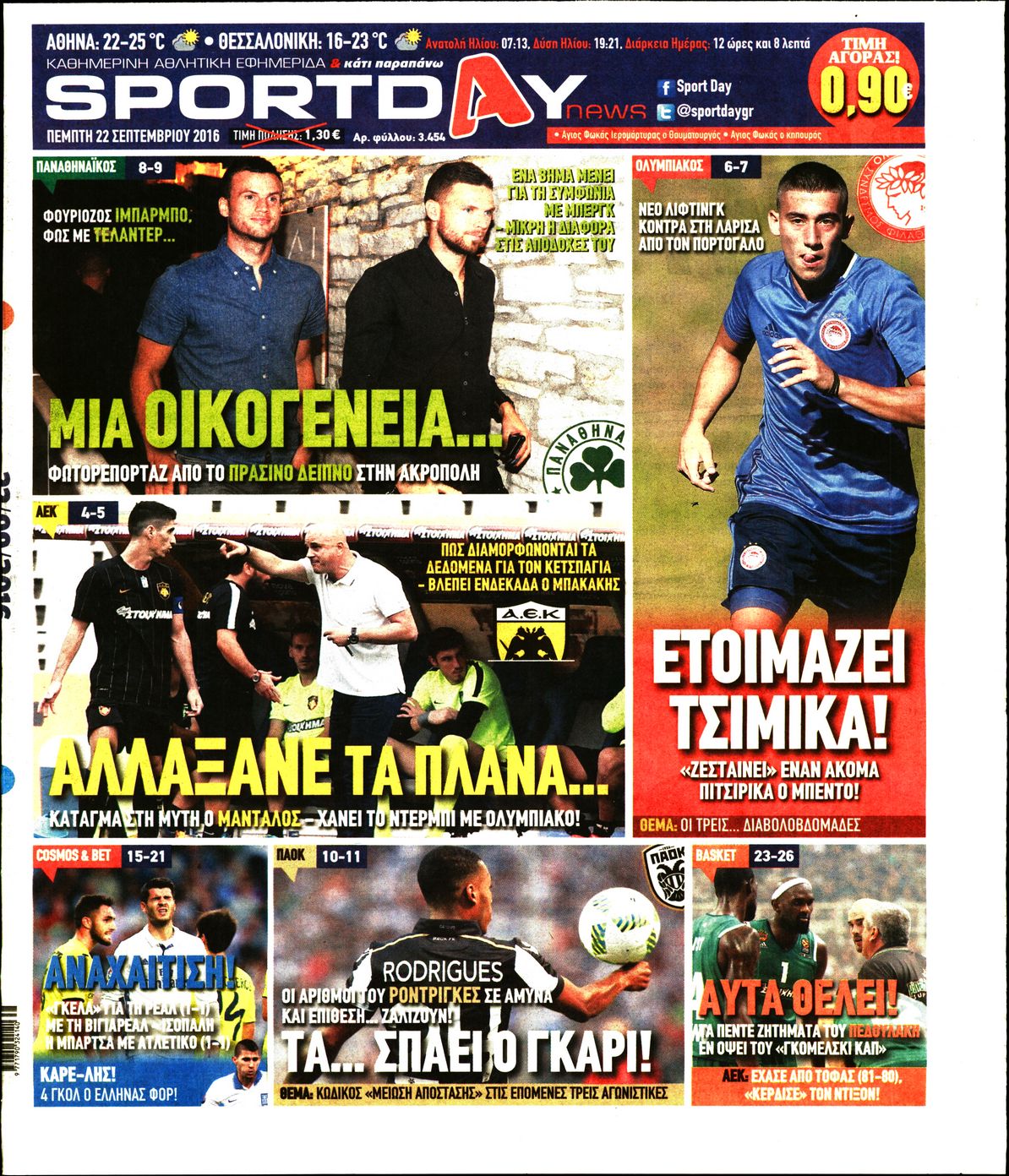 Εξώφυλο εφημερίδας SPORTDAY 2016-09-22