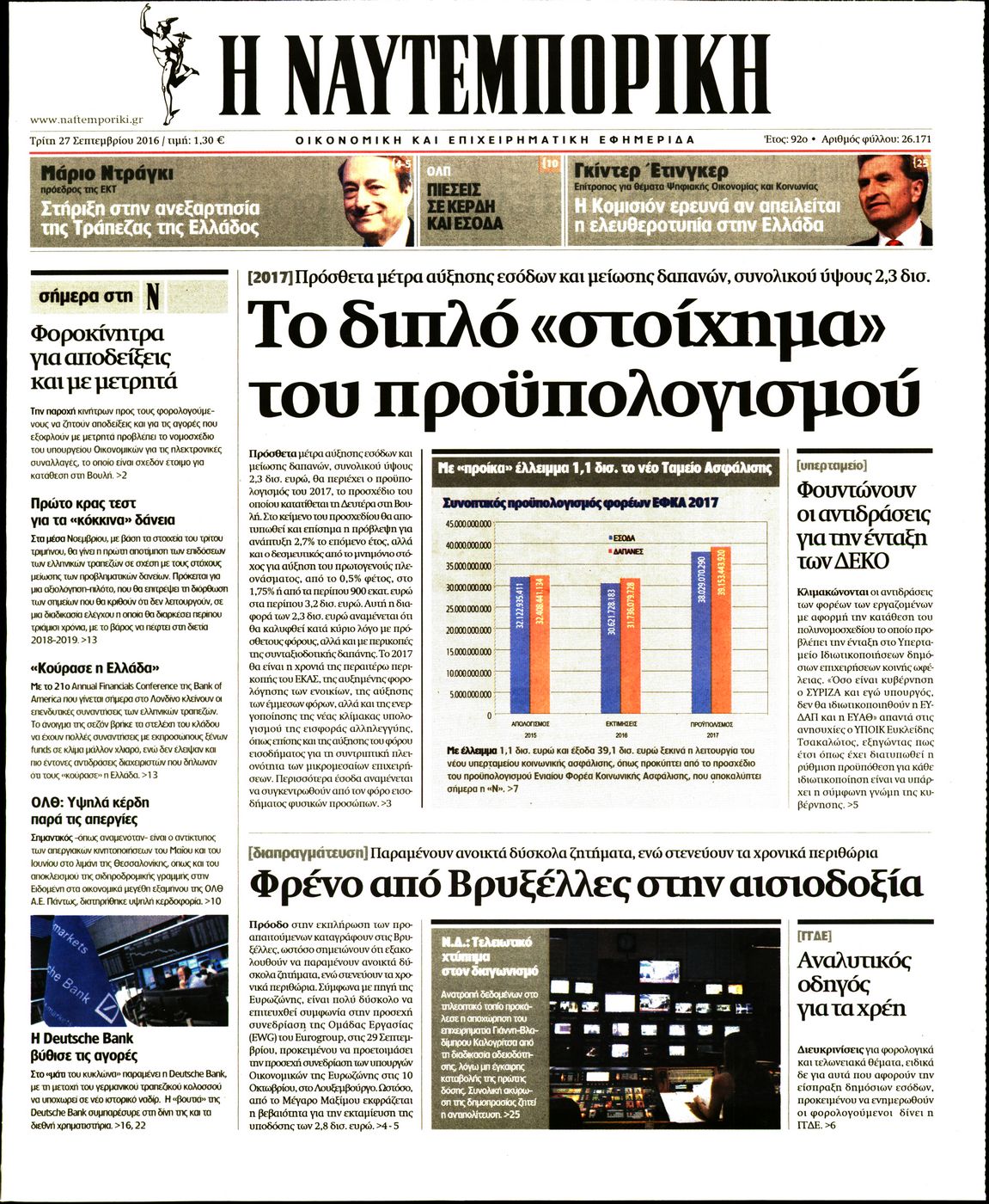 Εξώφυλο εφημερίδας ΝΑΥΤΕΜΠΟΡΙΚΗ 2016-09-27
