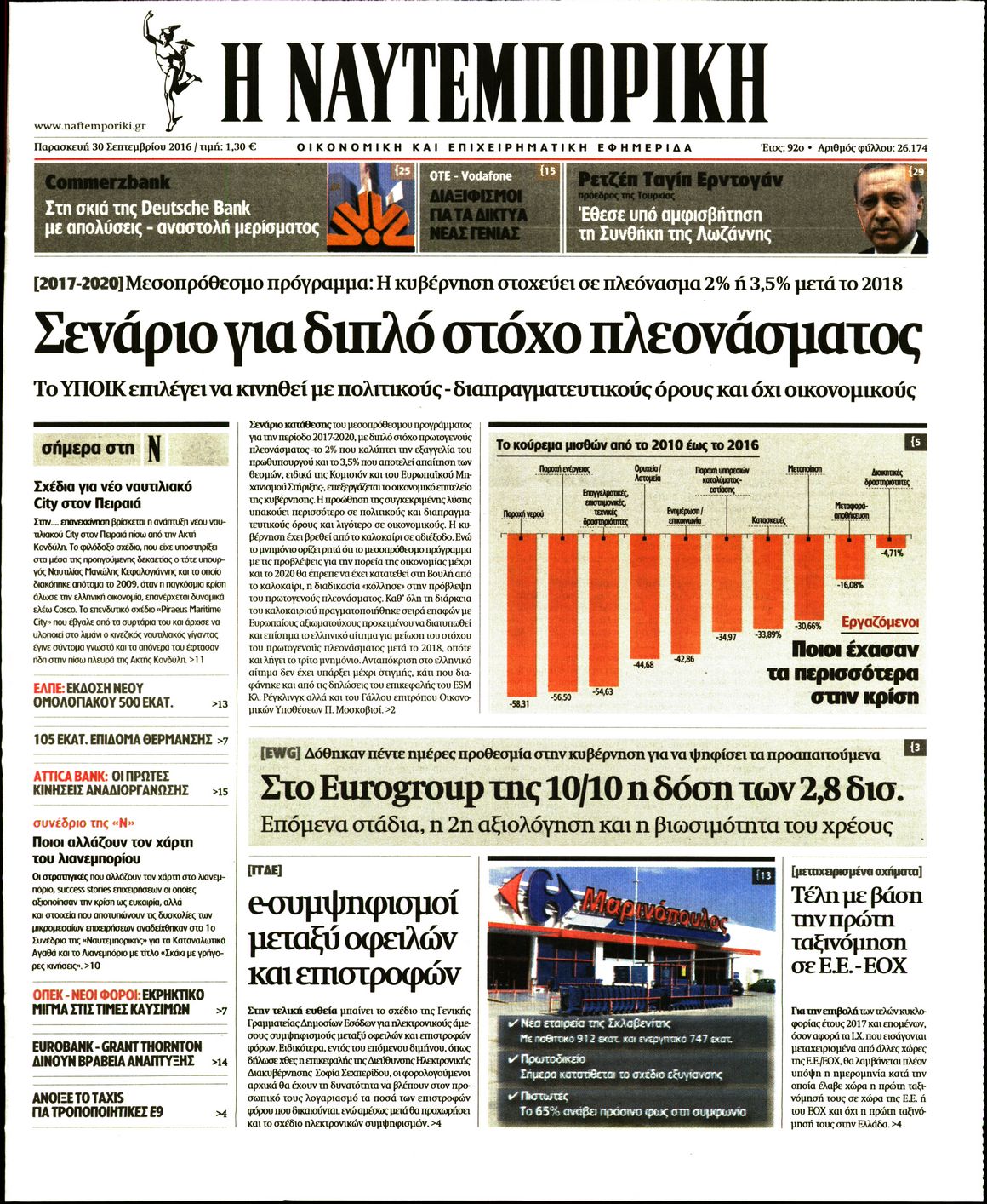 Εξώφυλο εφημερίδας ΝΑΥΤΕΜΠΟΡΙΚΗ 2016-09-30