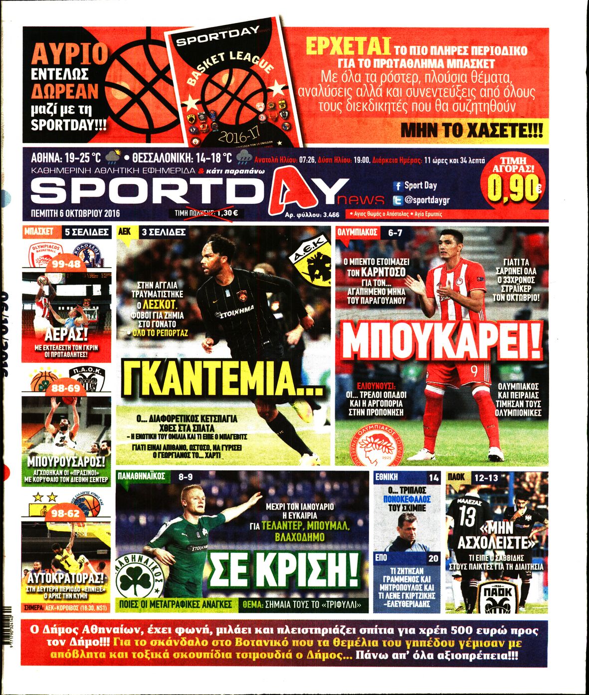 Εξώφυλο εφημερίδας SPORTDAY 2016-10-06