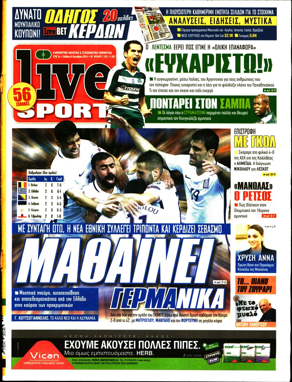 Εξώφυλο εφημερίδας LIVE SPORT 2016-10-08