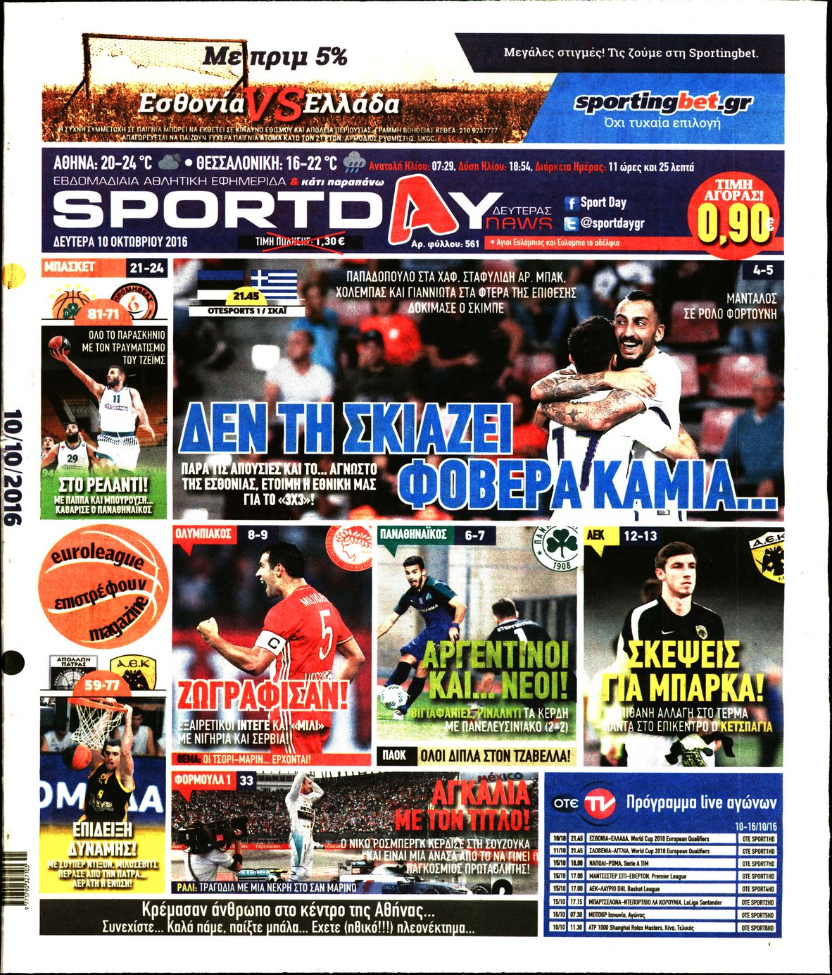 Εξώφυλο εφημερίδας SPORTDAY 2016-10-10