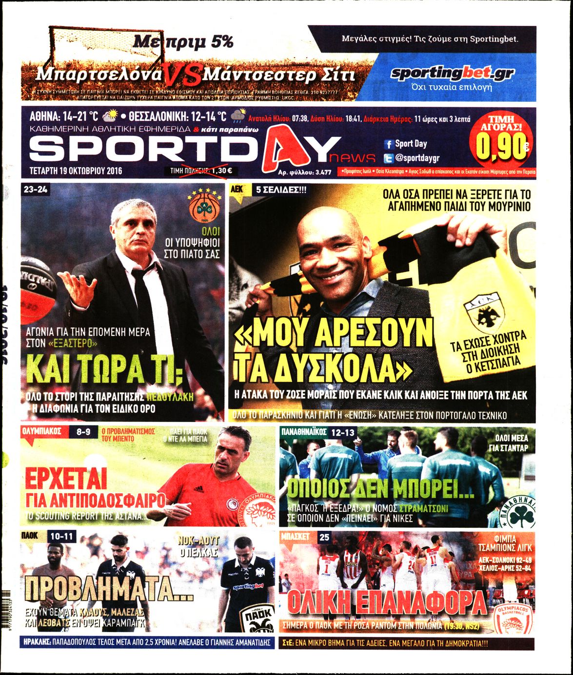 Εξώφυλο εφημερίδας SPORTDAY 2016-10-19