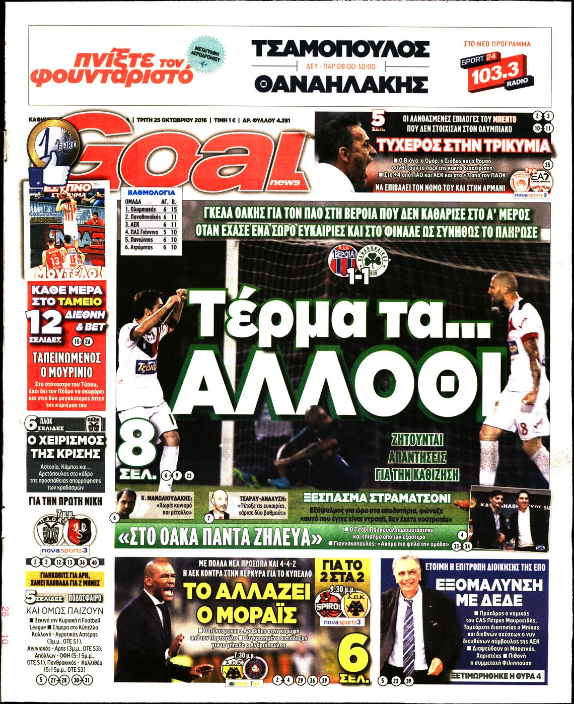 Εξώφυλο εφημερίδας GOAL 2016-10-25