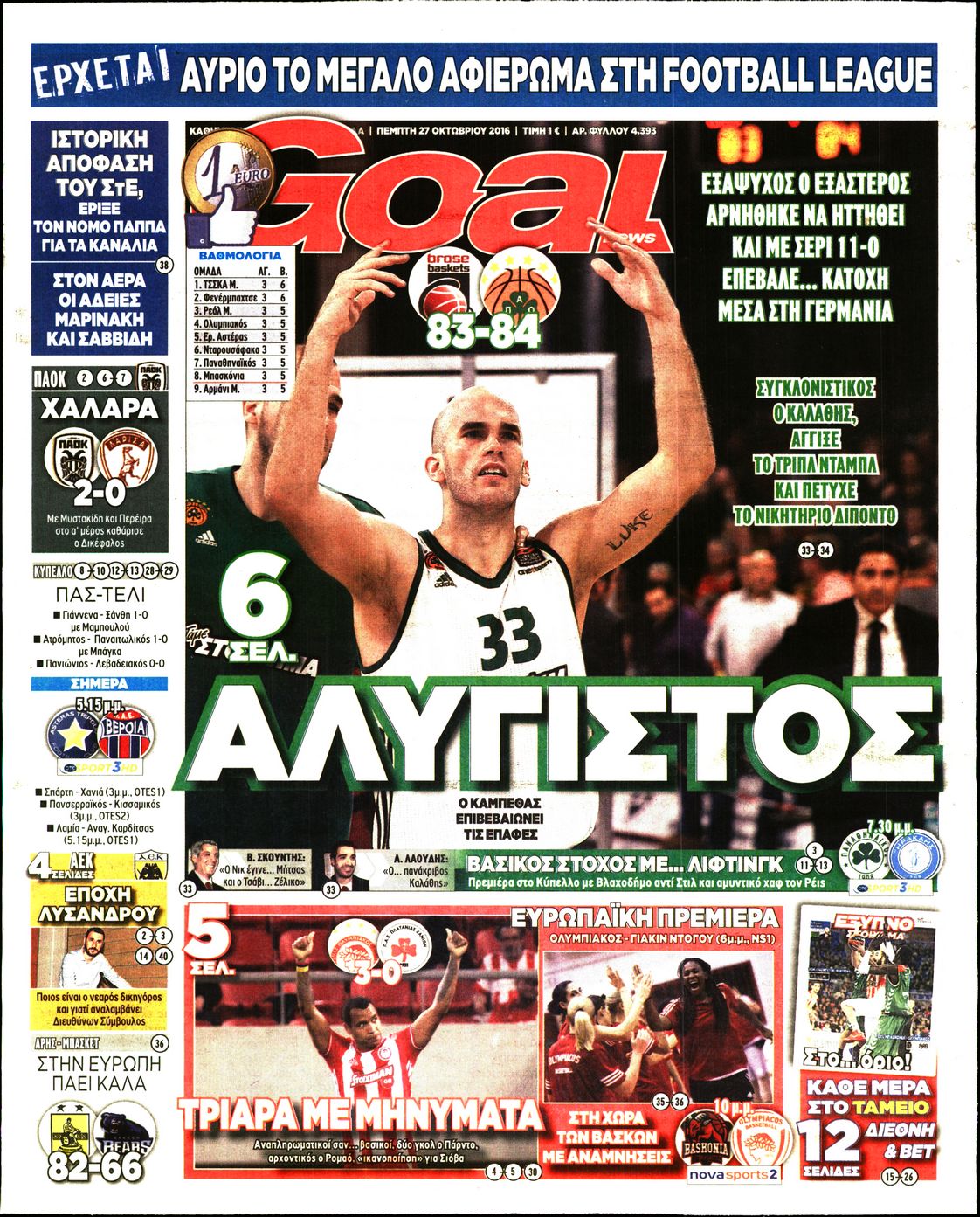 Εξώφυλο εφημερίδας GOAL 2016-10-27