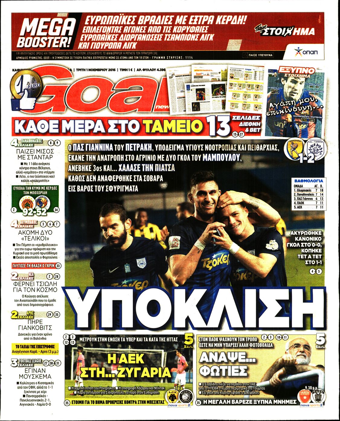 Εξώφυλο εφημερίδας GOAL 2016-11-01
