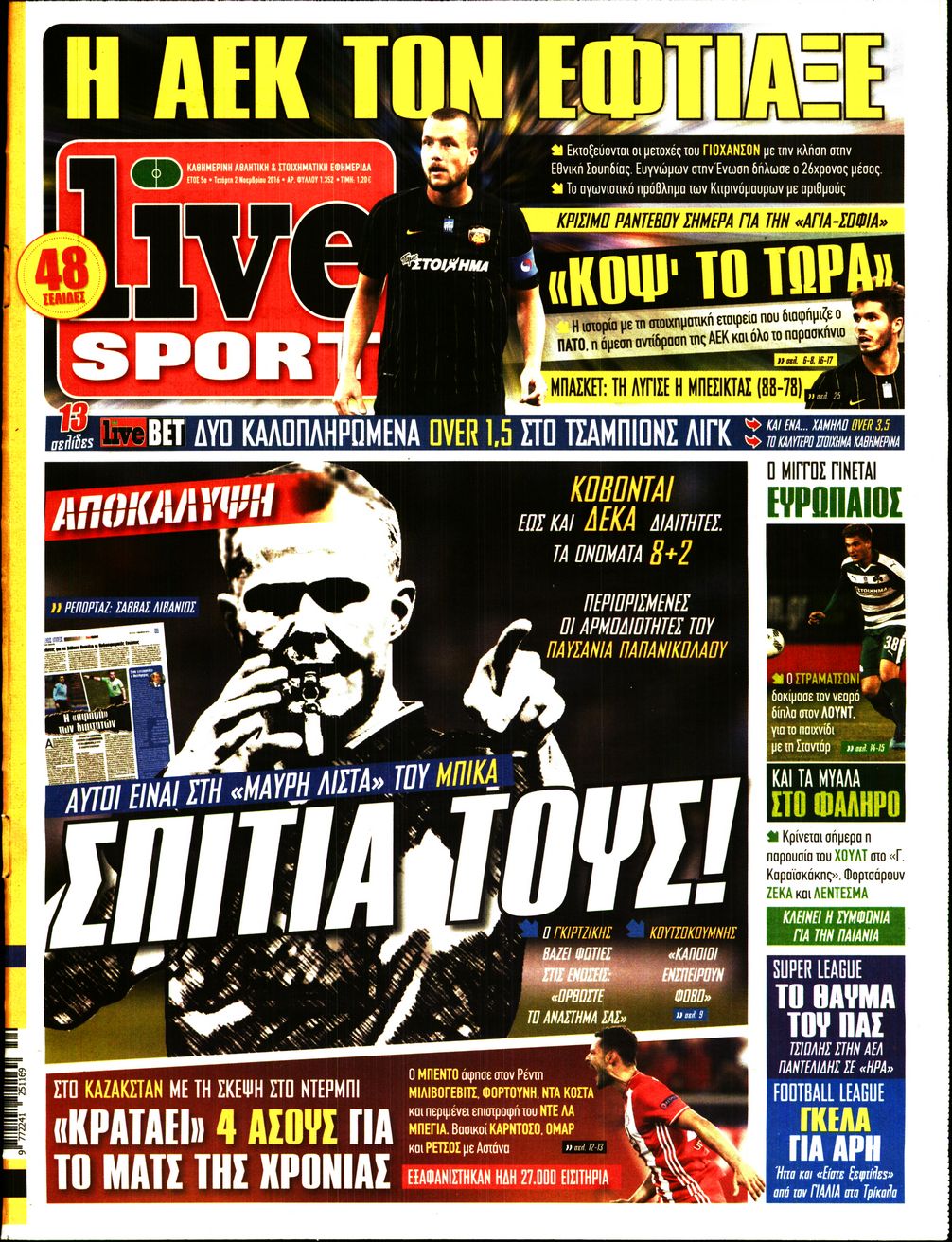 Εξώφυλο εφημερίδας LIVE SPORT 2016-11-02