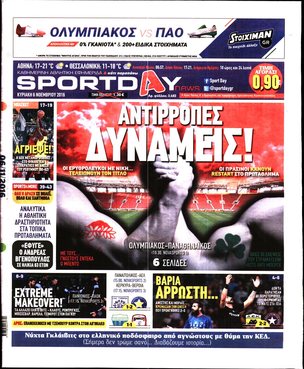 Εξώφυλο εφημερίδας SPORTDAY 2016-11-06
