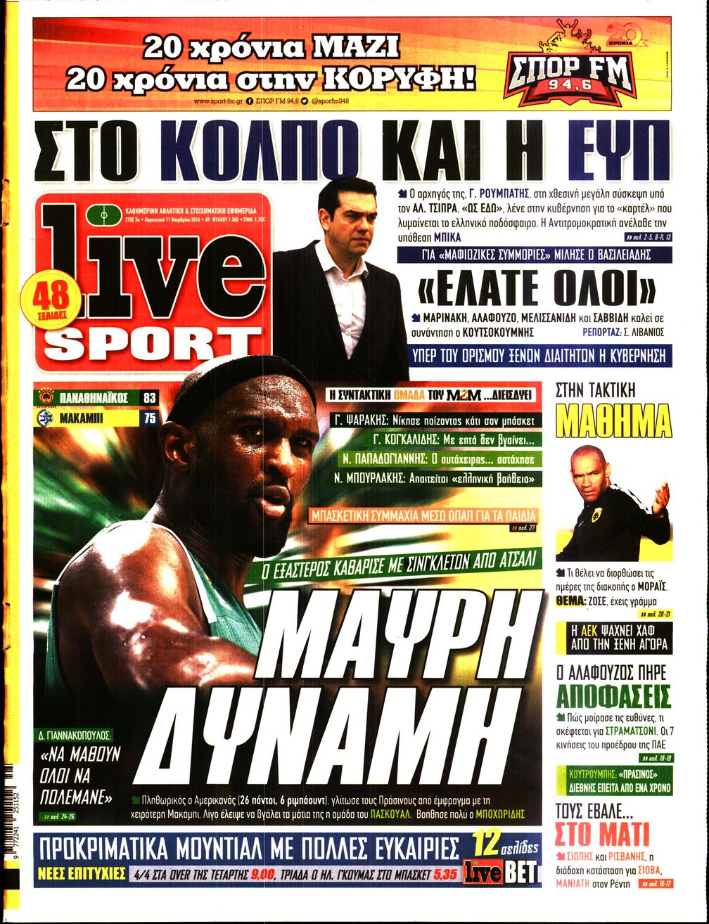 Εξώφυλο εφημερίδας LIVE SPORT 2016-11-11