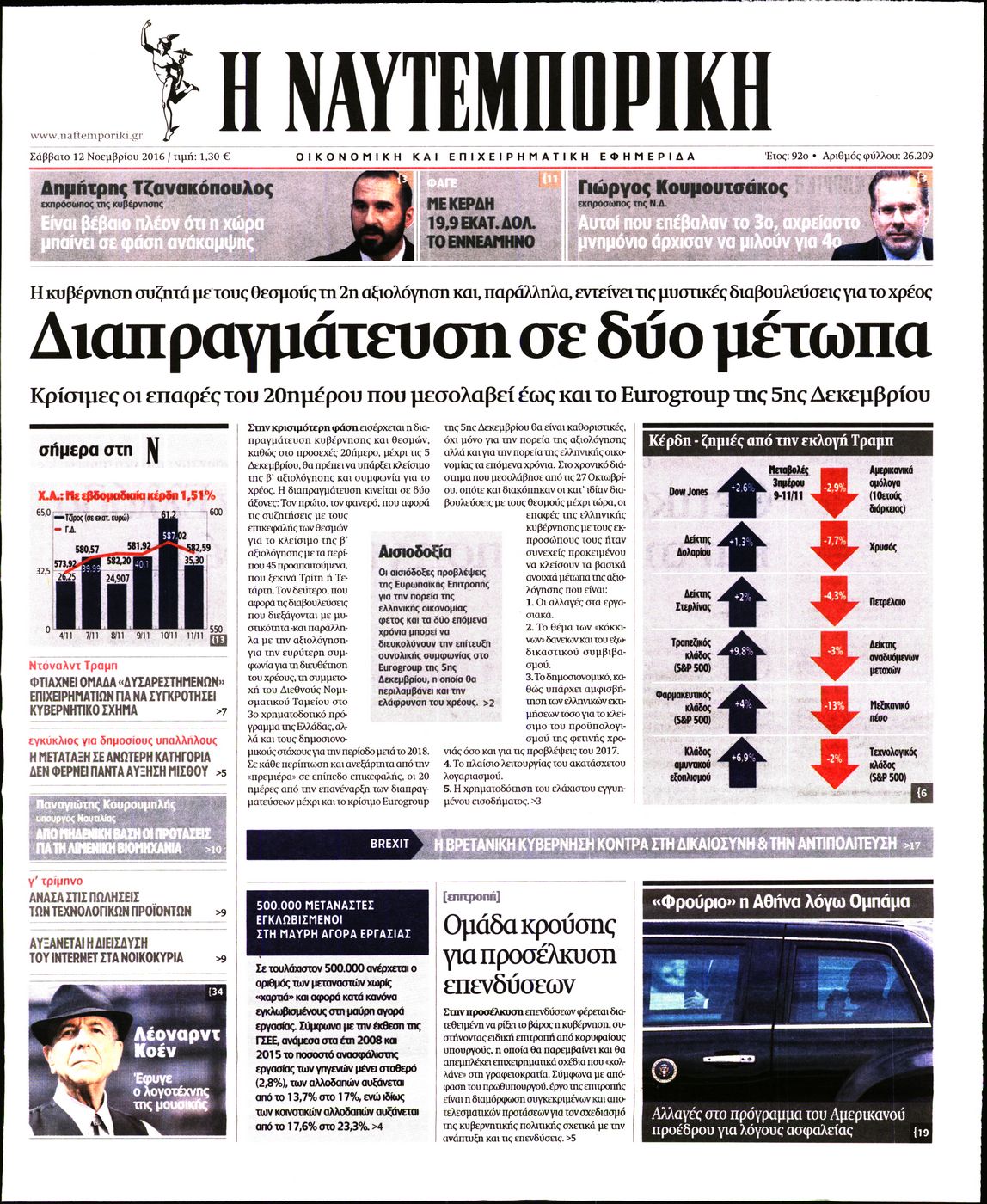 Εξώφυλο εφημερίδας ΝΑΥΤΕΜΠΟΡΙΚΗ 2016-11-12