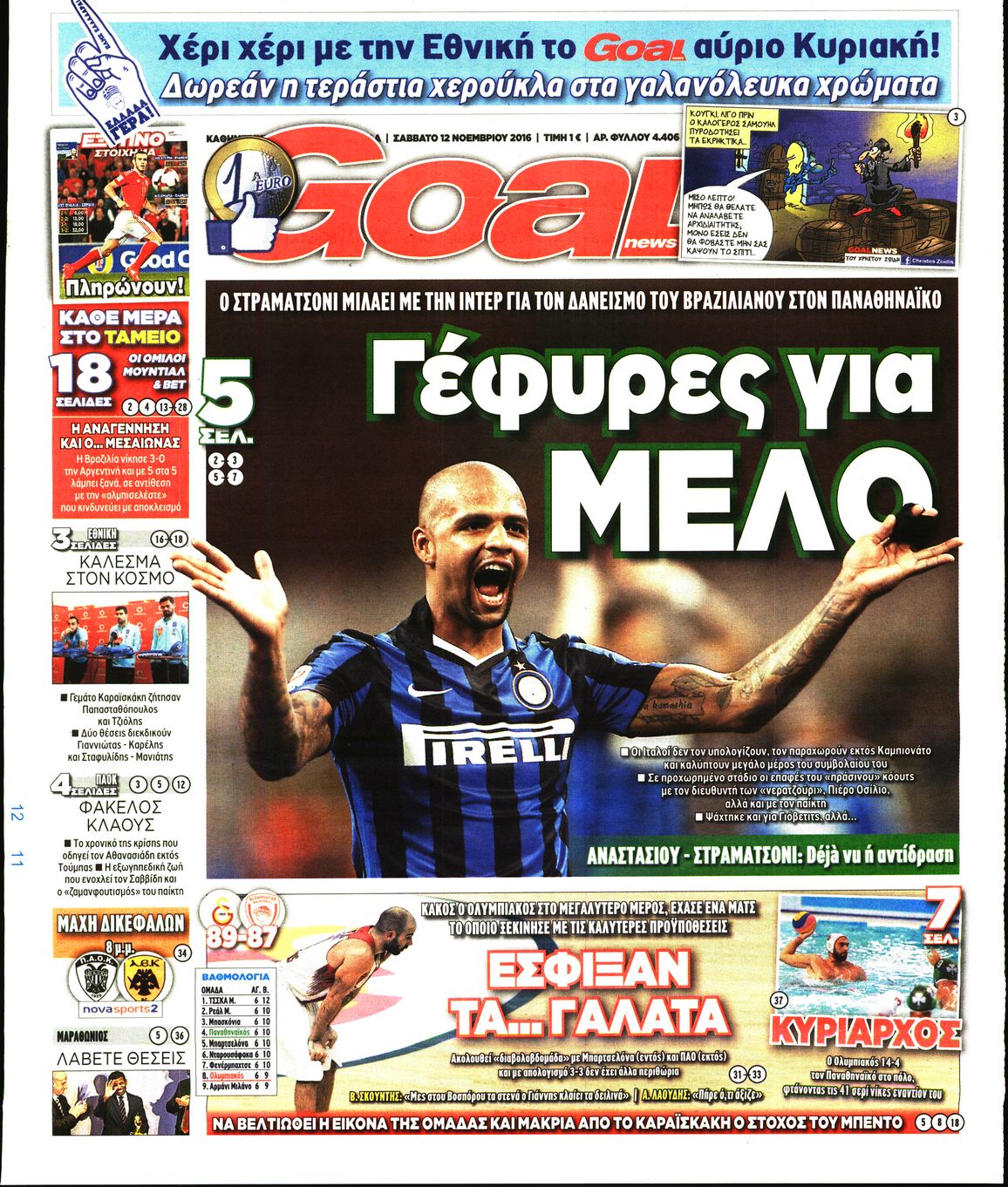 Εξώφυλο εφημερίδας GOAL 2016-11-12