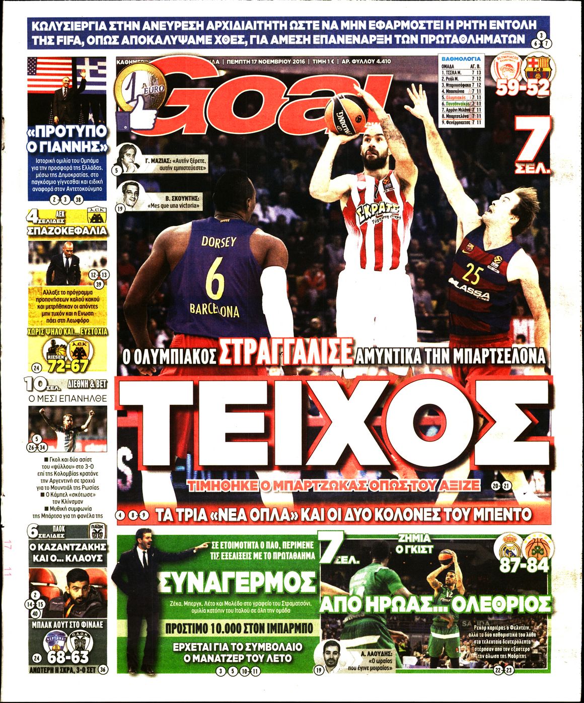 Εξώφυλο εφημερίδας GOAL 2016-11-17
