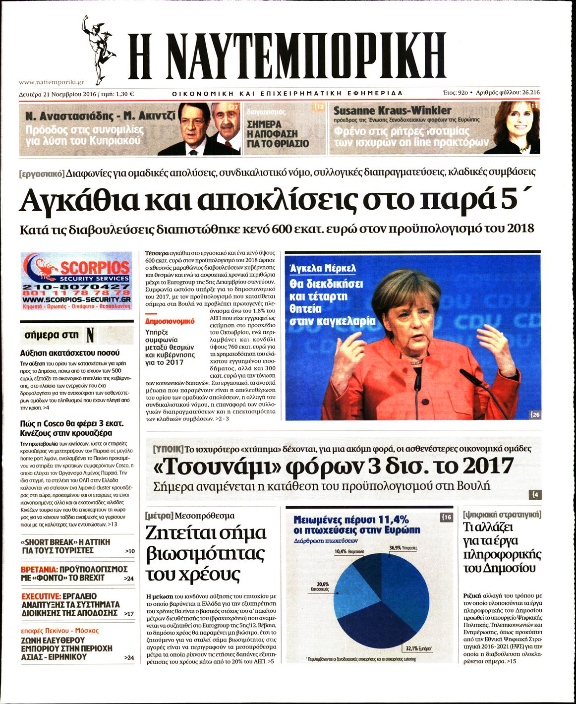 Εξώφυλο εφημερίδας ΝΑΥΤΕΜΠΟΡΙΚΗ 2016-11-21