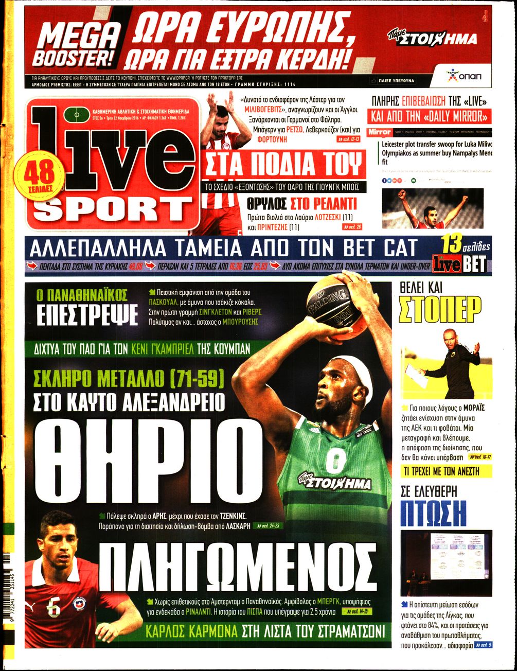 Εξώφυλο εφημερίδας LIVE SPORT 2016-11-22