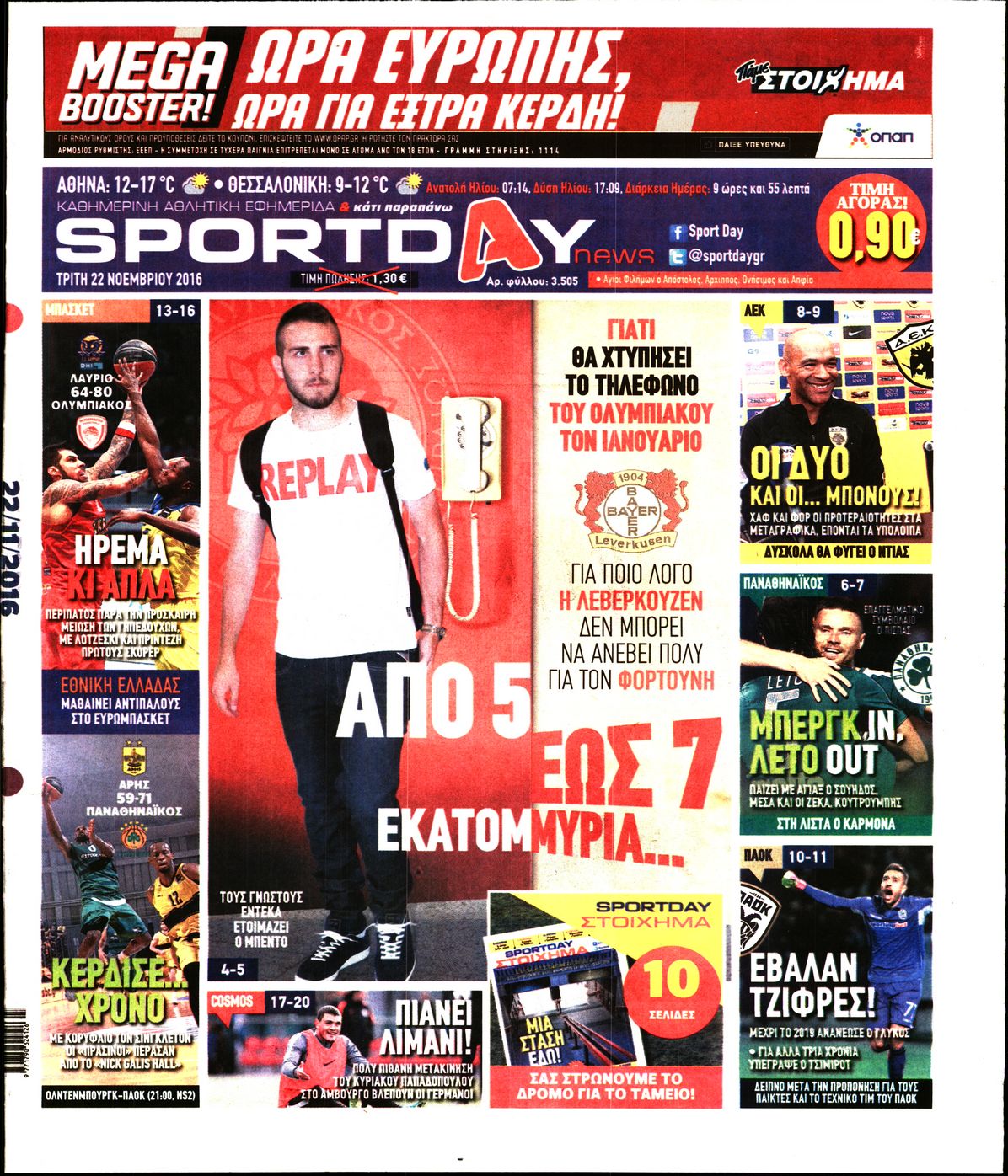 Εξώφυλο εφημερίδας SPORTDAY 2016-11-22