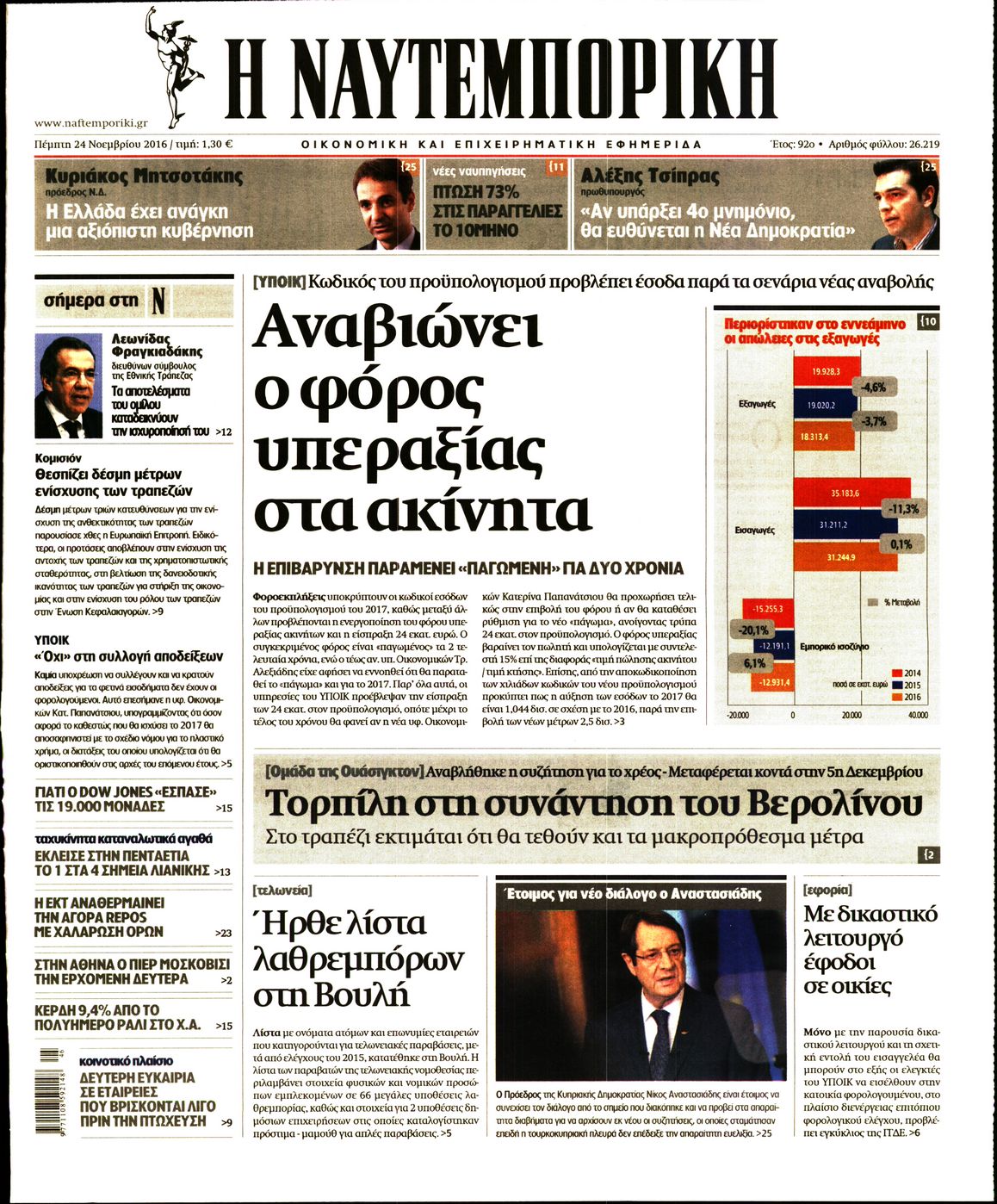 Εξώφυλο εφημερίδας ΝΑΥΤΕΜΠΟΡΙΚΗ 2016-11-24