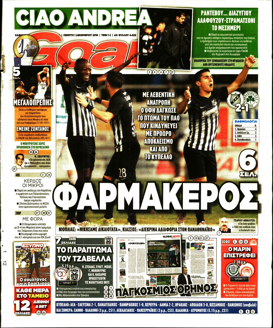 Εξώφυλο εφημερίδας GOAL 2016-12-01