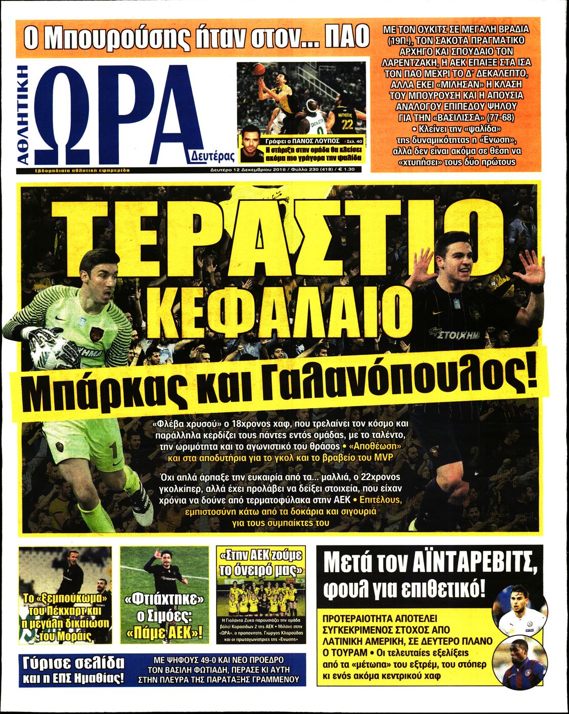 Εξώφυλο εφημερίδας ΩΡΑ ΓΙΑ ΣΠΟΡ 2016-12-12