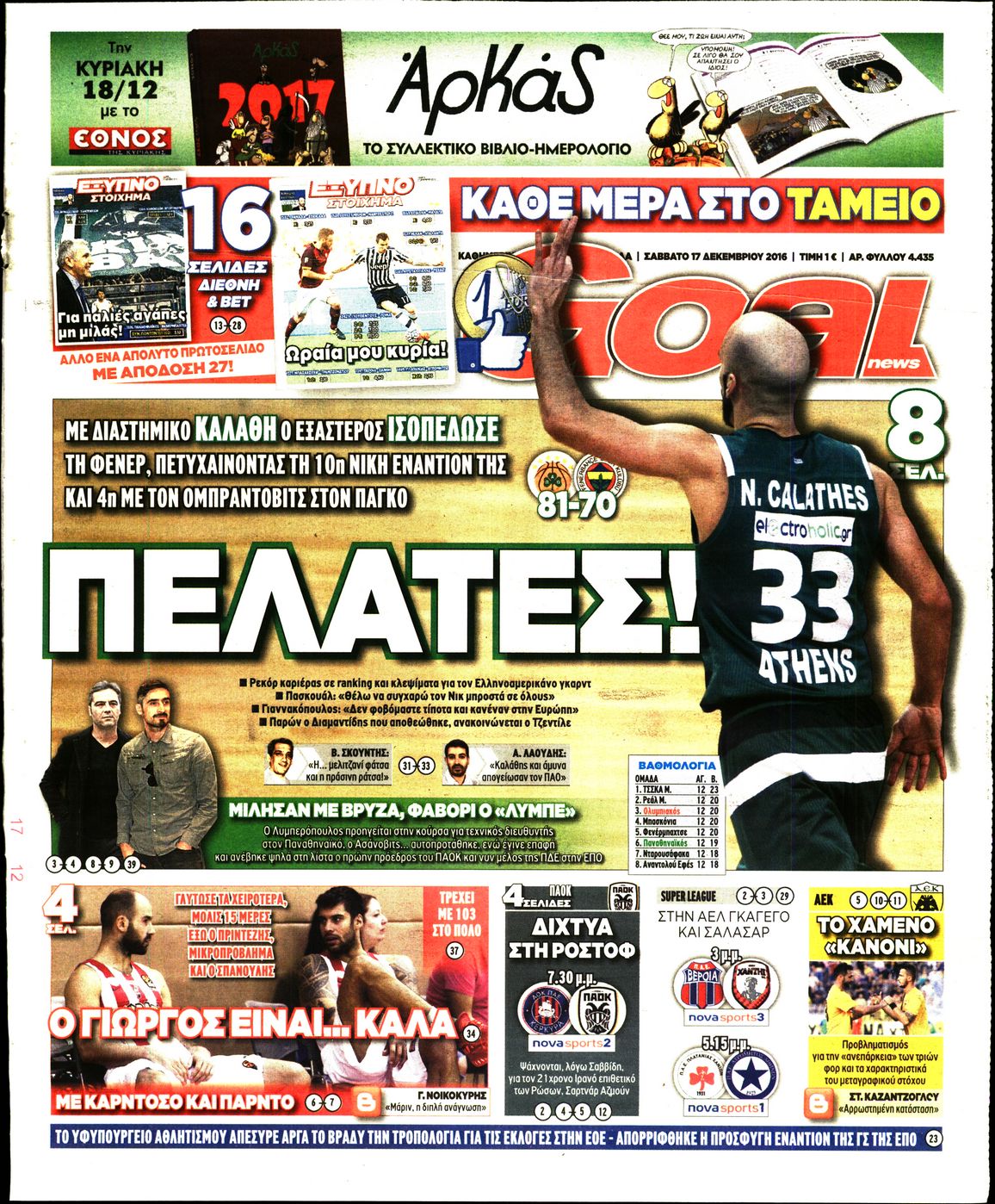 Εξώφυλο εφημερίδας GOAL 2016-12-17