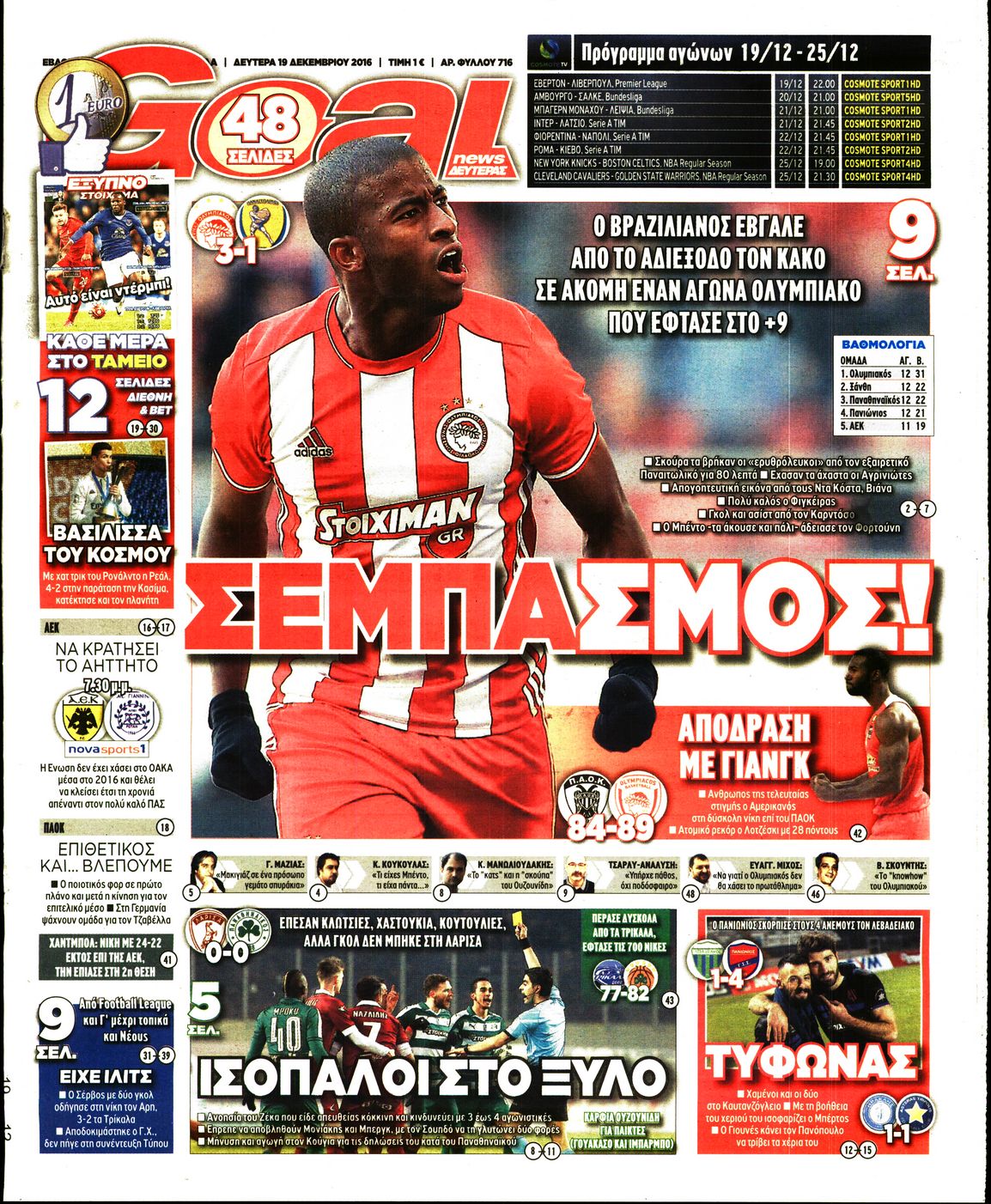 Εξώφυλο εφημερίδας GOAL 2016-12-19