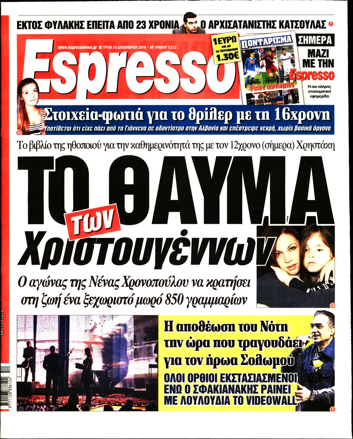 Εξώφυλο εφημερίδας ESPRESSO 2016-12-20