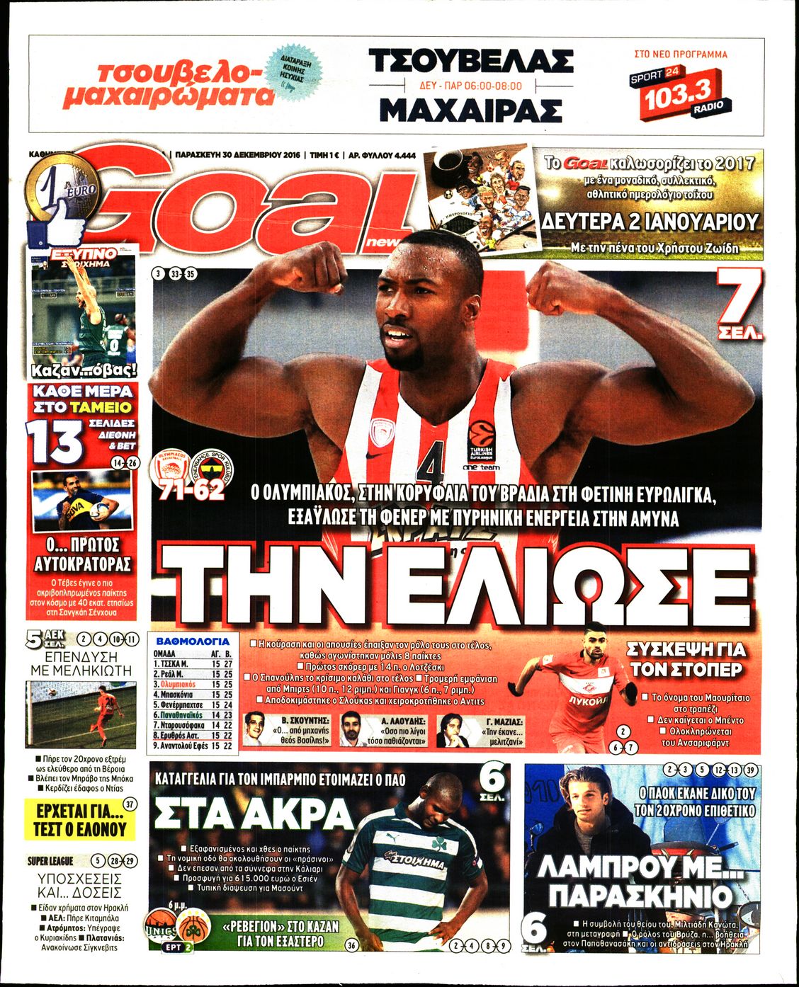 Εξώφυλο εφημερίδας GOAL 2016-12-30
