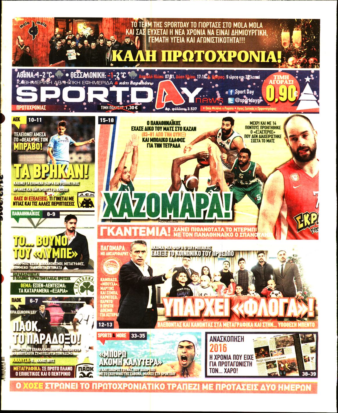 Εξώφυλο εφημερίδας SPORTDAY 2016-12-31