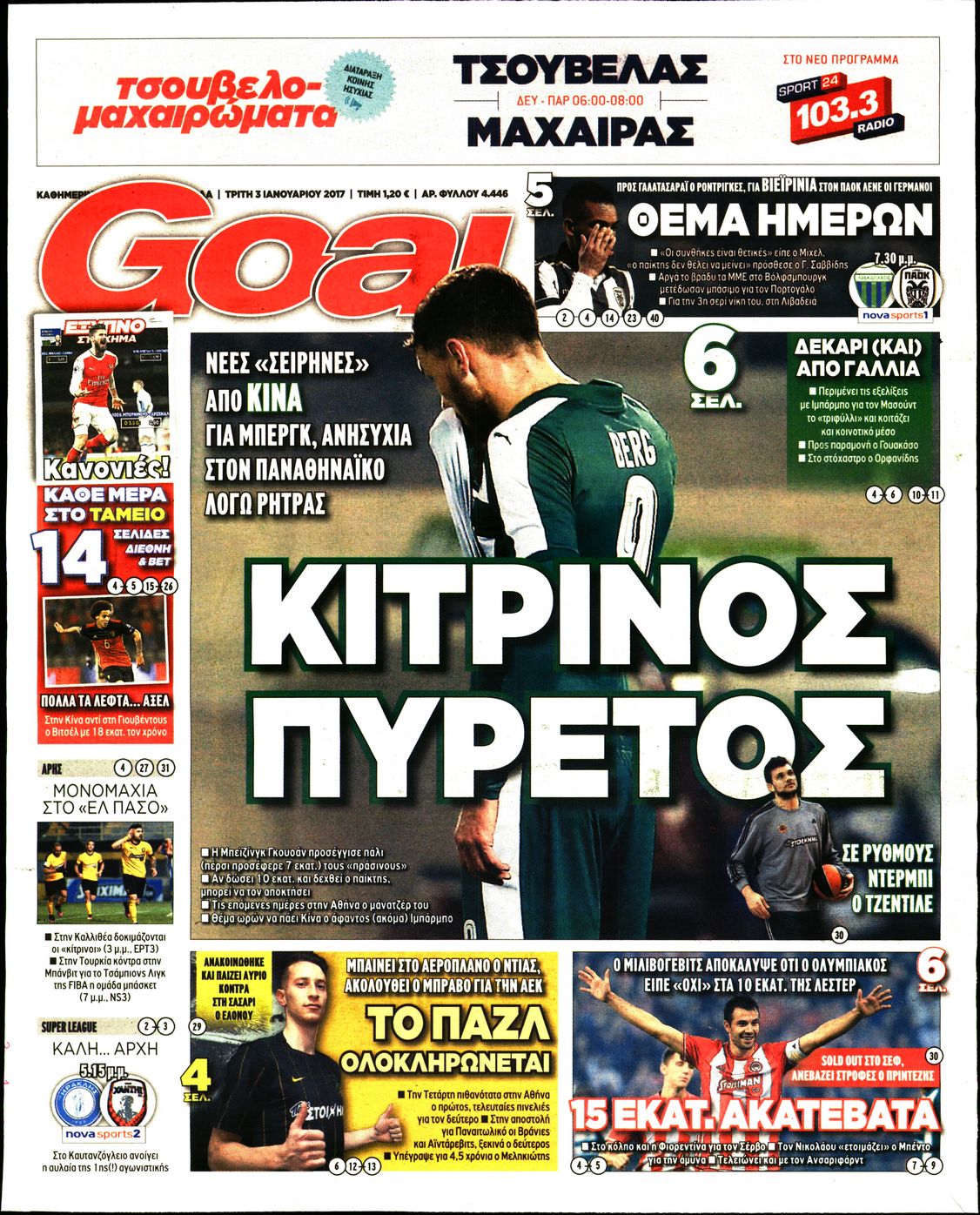 Εξώφυλο εφημερίδας GOAL 2017-01-03