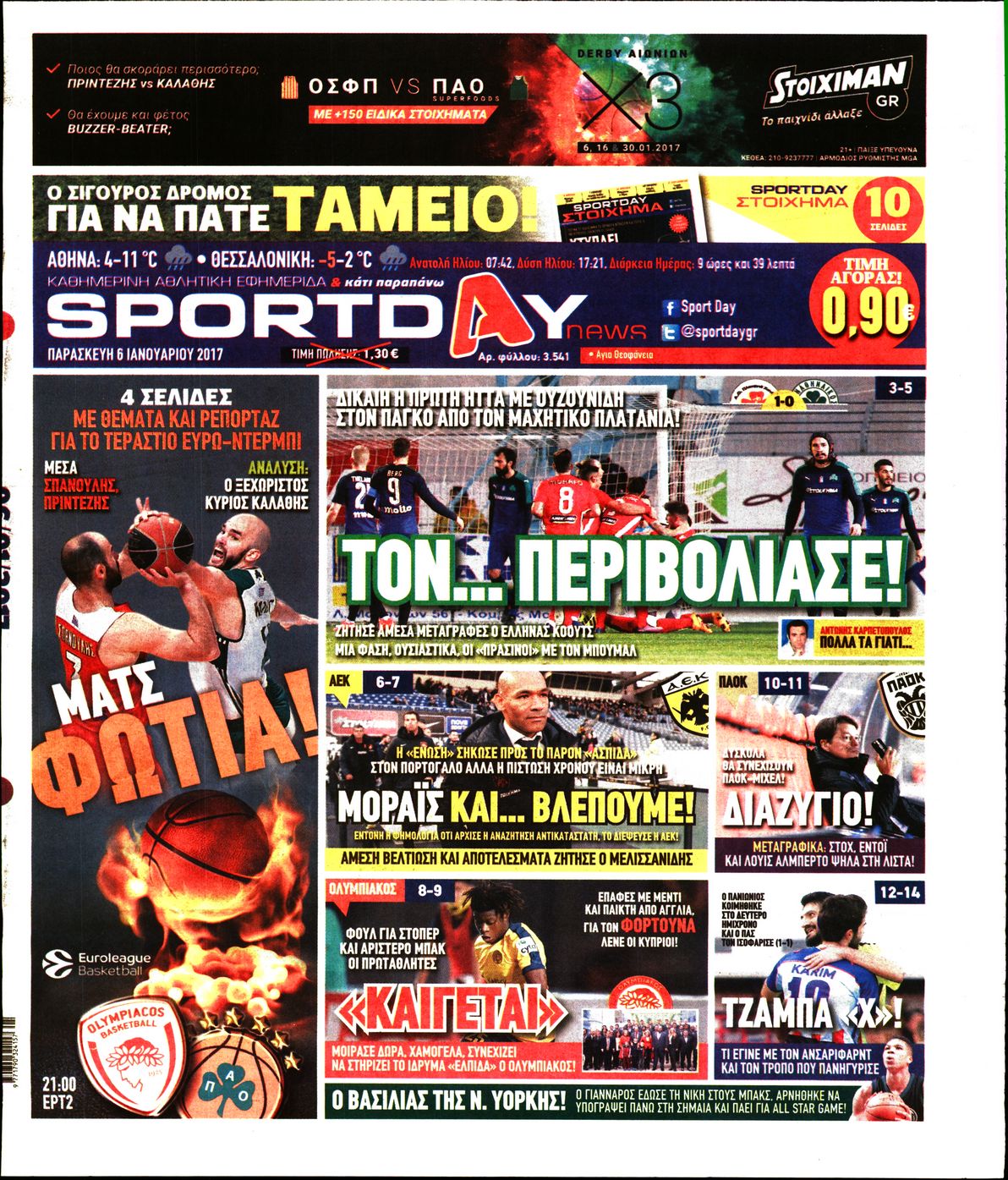 Εξώφυλο εφημερίδας SPORTDAY 2017-01-06