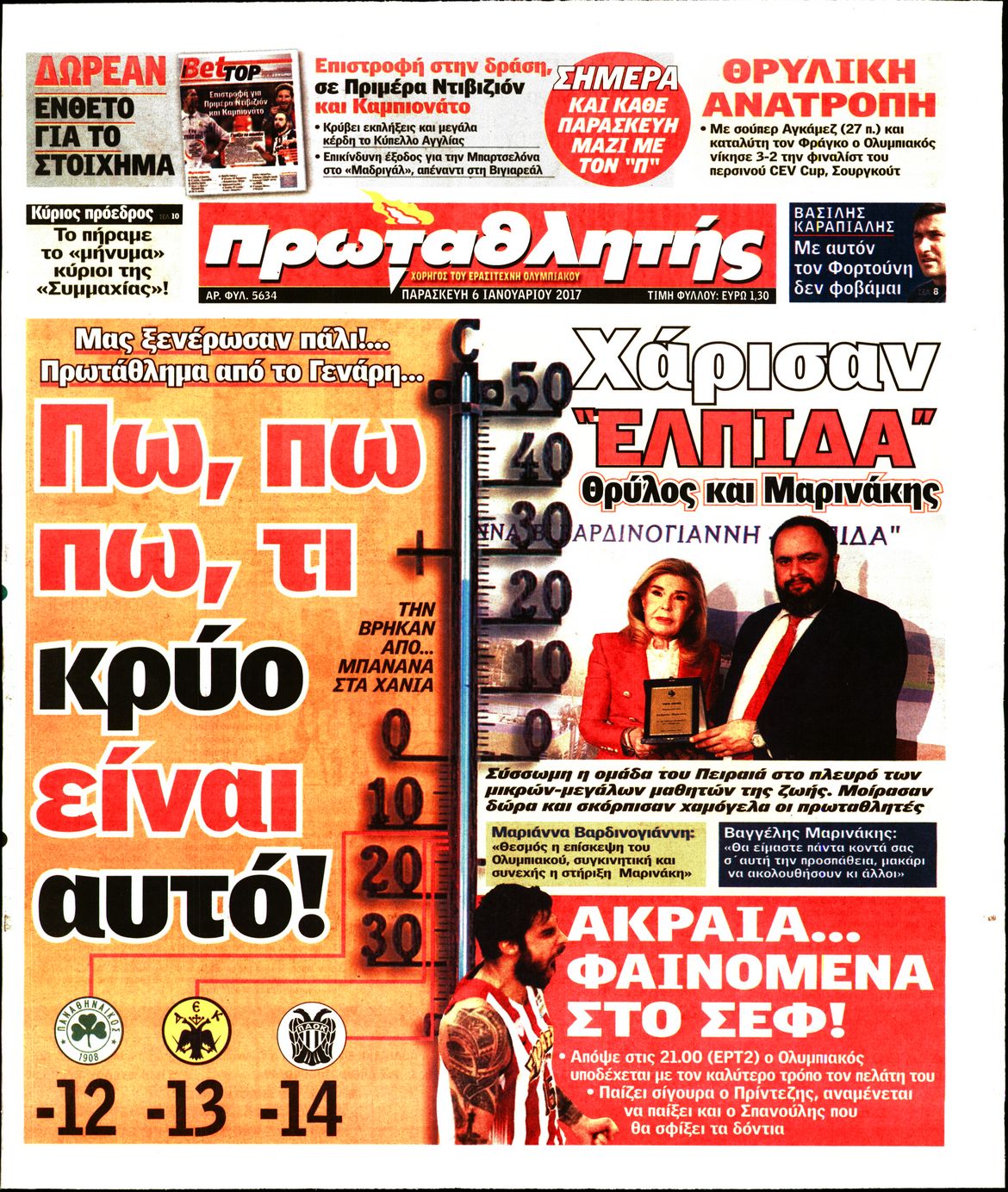 Εξώφυλο εφημερίδας ΠΡΩΤΑΘΛΗΤΗΣ 2017-01-06