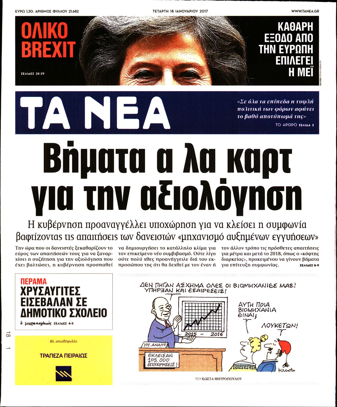 Εξώφυλο εφημερίδας ΤΑ ΝΕΑ 2017-01-18