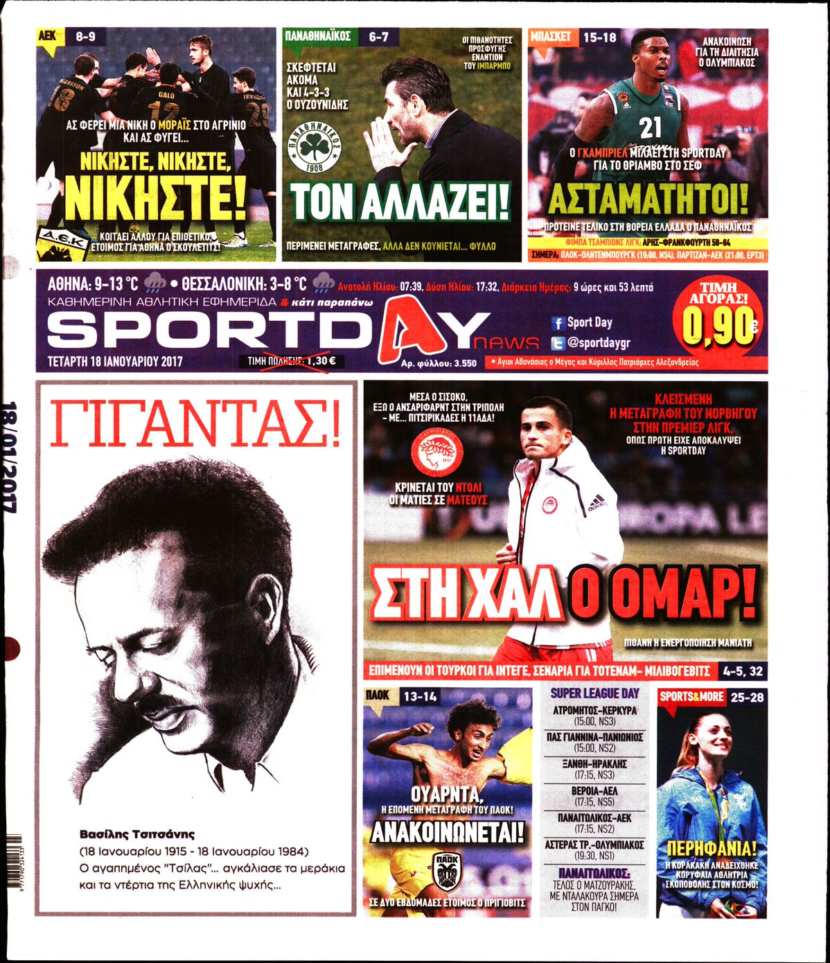 Εξώφυλο εφημερίδας SPORTDAY 2017-01-18