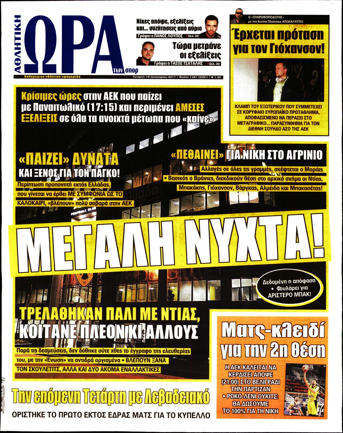 Εξώφυλο εφημερίδας ΩΡΑ ΓΙΑ ΣΠΟΡ 2017-01-18