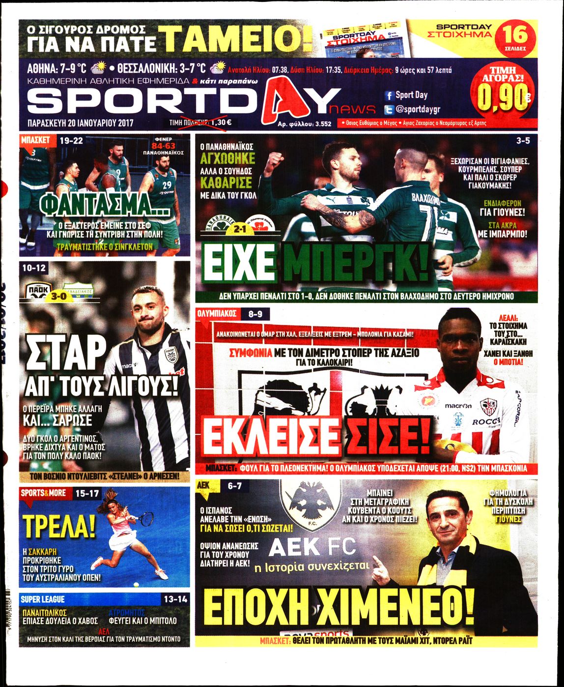 Εξώφυλο εφημερίδας SPORTDAY 2017-01-20