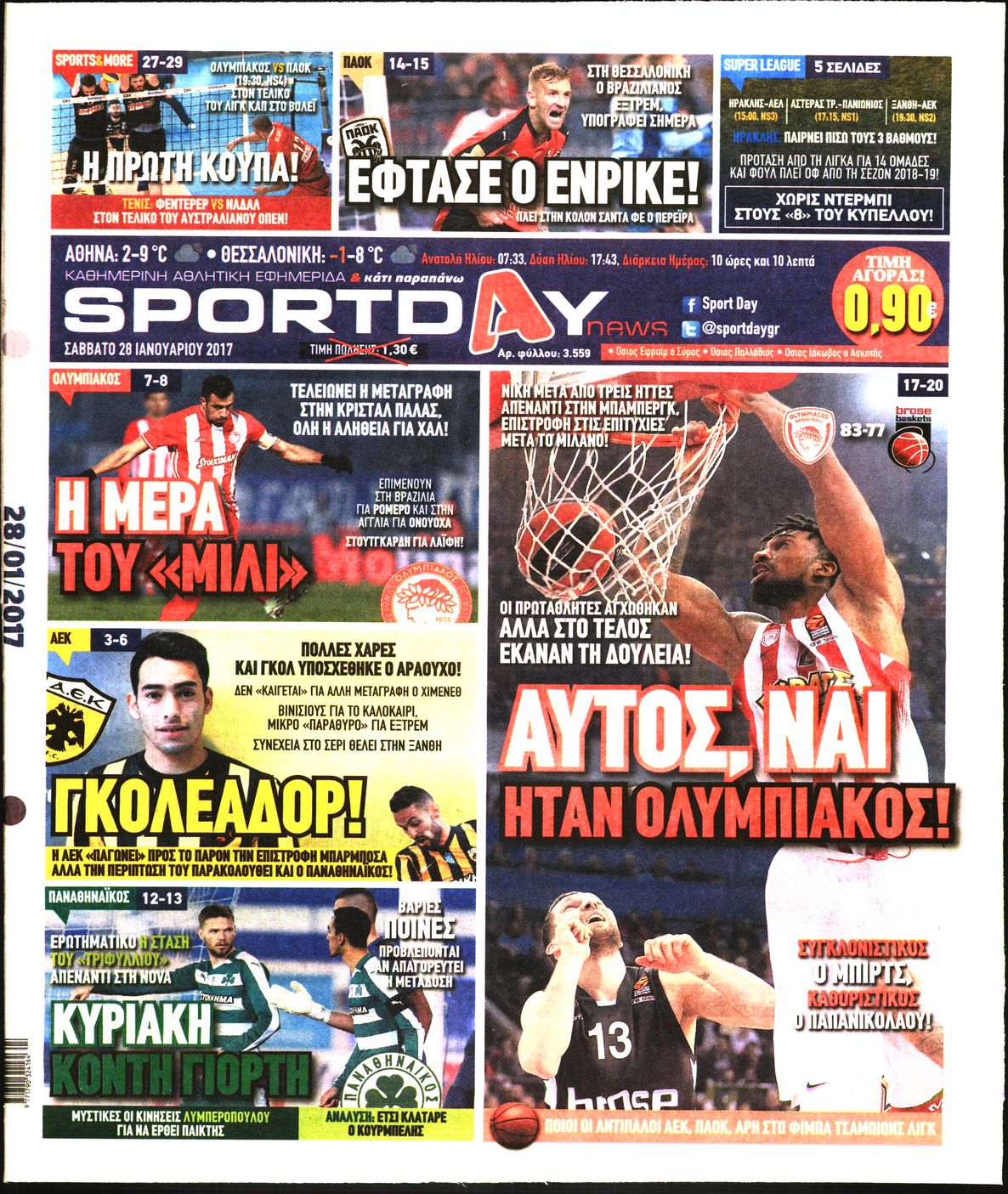 Εξώφυλο εφημερίδας SPORTDAY 2017-01-28