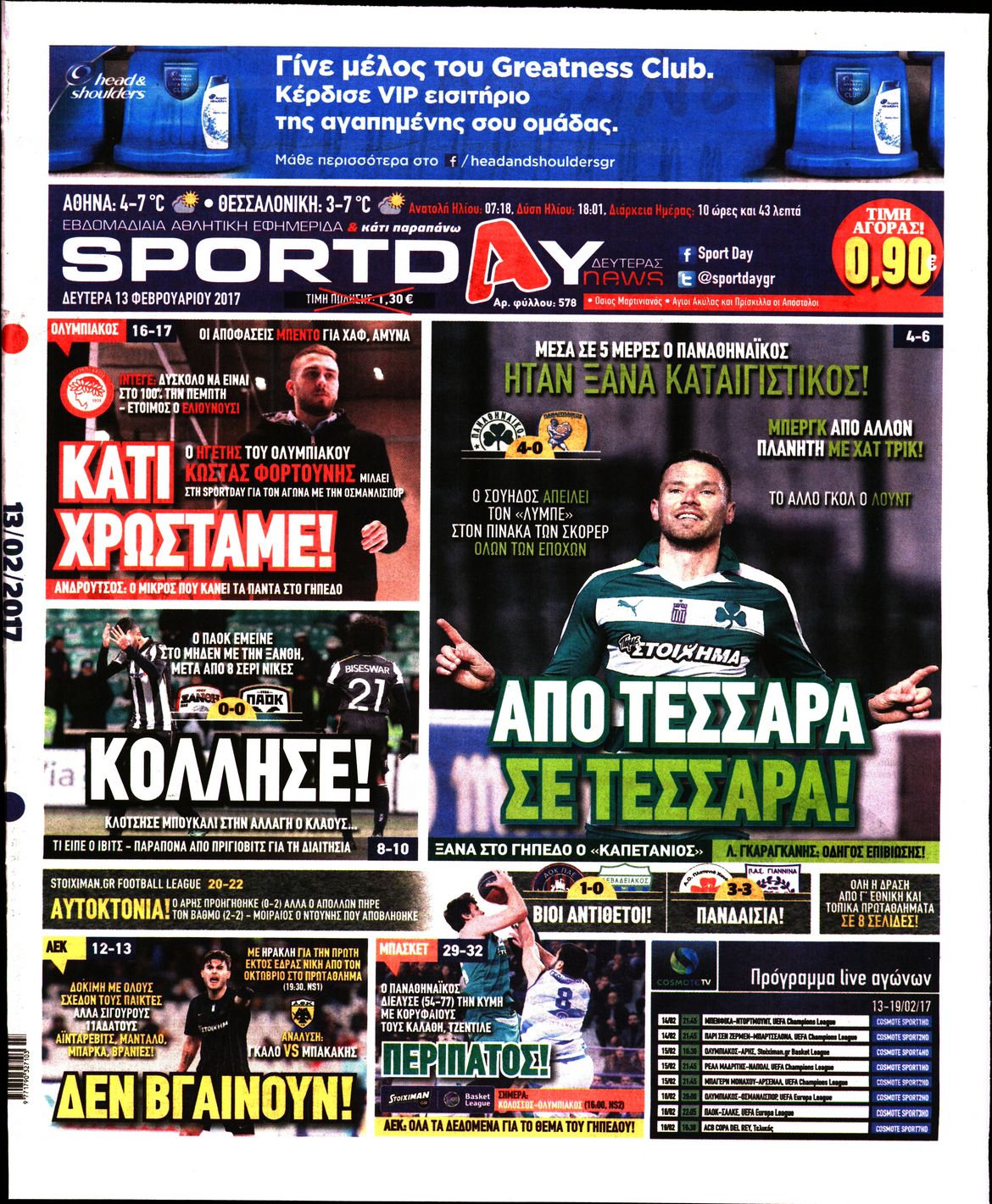 Εξώφυλο εφημερίδας SPORTDAY 2017-02-13