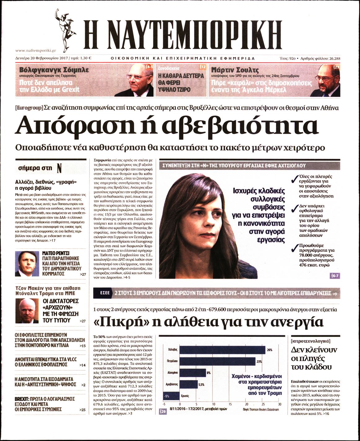 Εξώφυλο εφημερίδας ΝΑΥΤΕΜΠΟΡΙΚΗ 2017-02-20