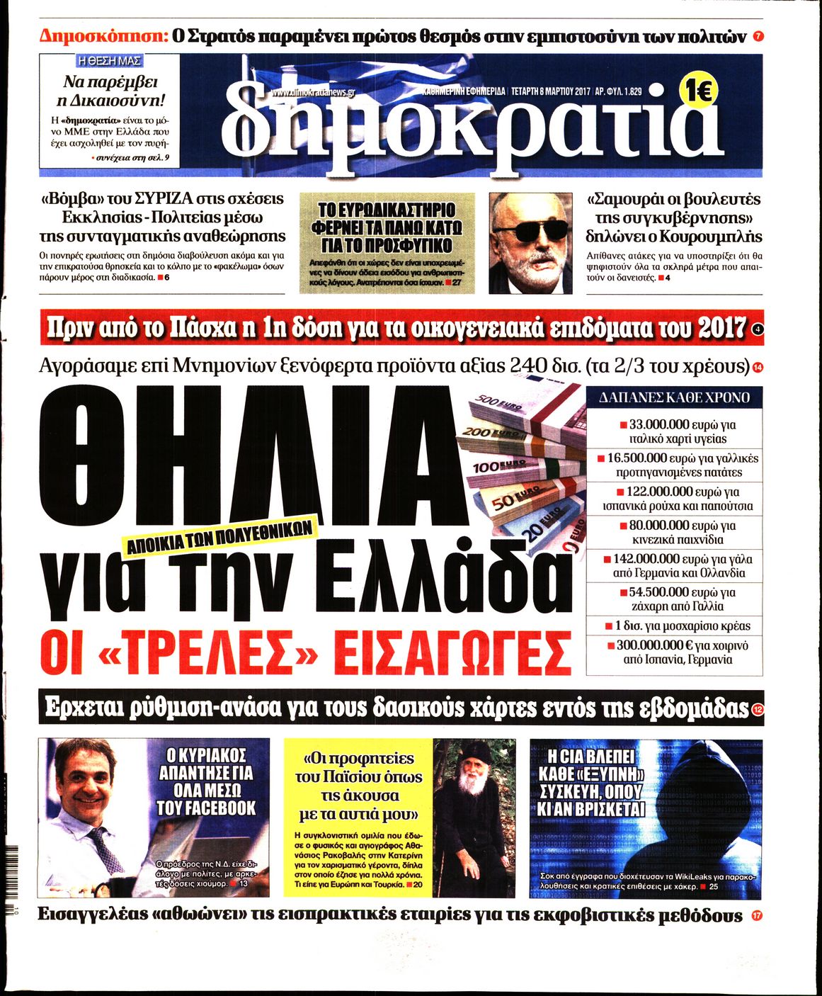 Εξώφυλο εφημερίδας ΔΗΜΟΚΡΑΤΙΑ 2017-03-08