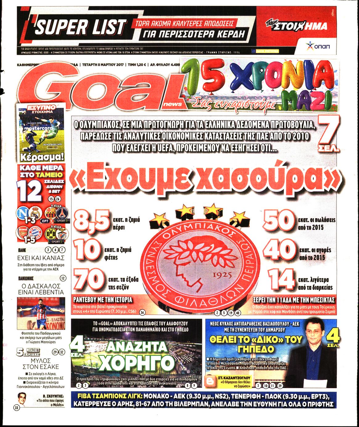 Εξώφυλο εφημερίδας GOAL 2017-03-08