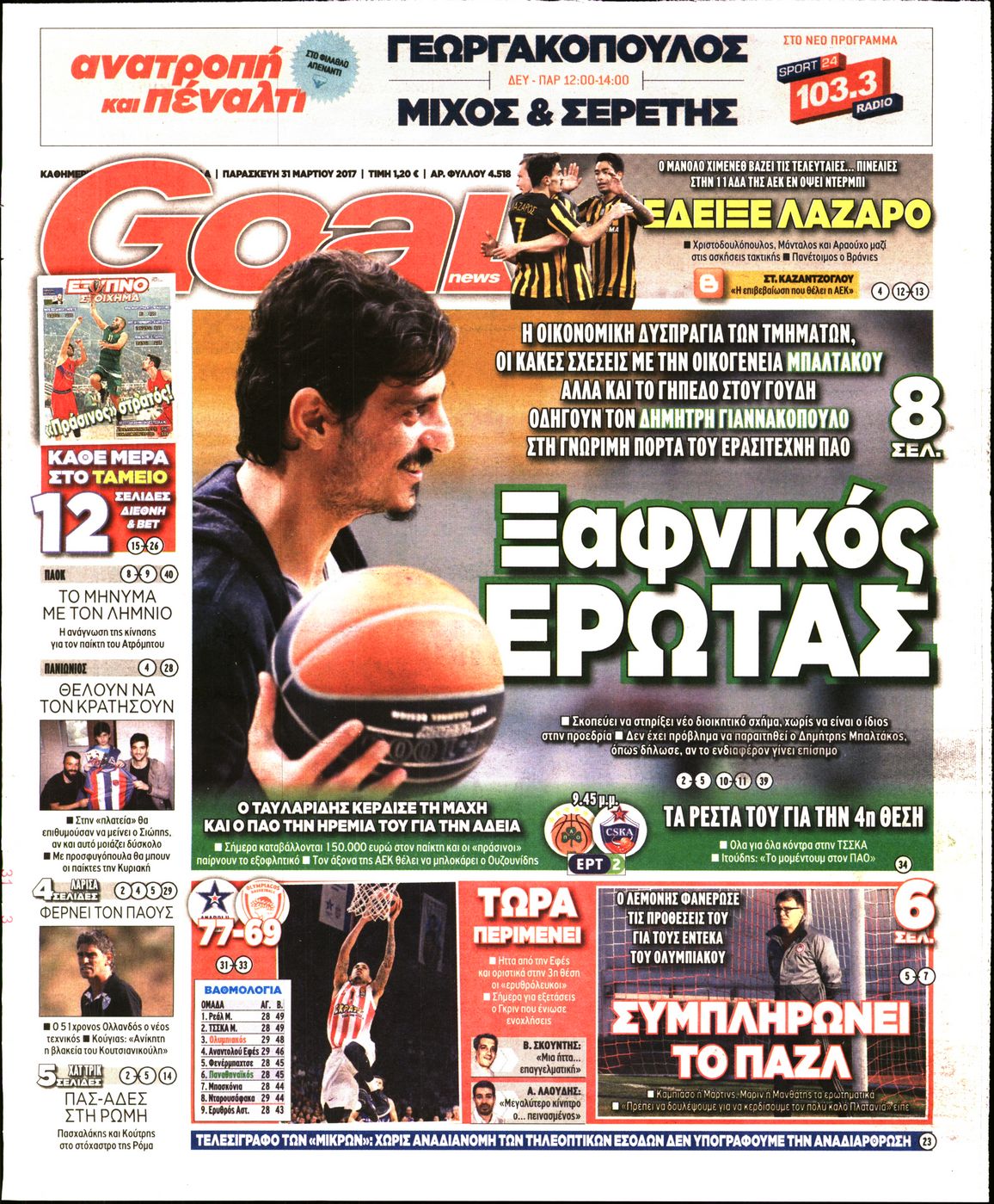 Εξώφυλο εφημερίδας GOAL 2017-03-31