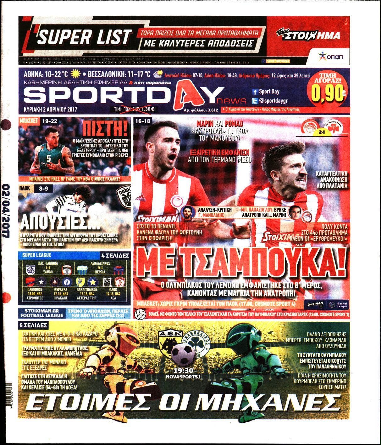 Εξώφυλο εφημερίδας SPORTDAY 2017-04-02