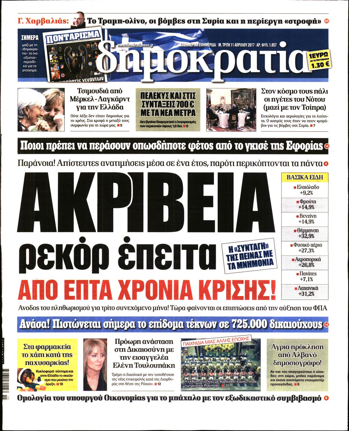 Εξώφυλο εφημερίδας ΔΗΜΟΚΡΑΤΙΑ 2017-04-11