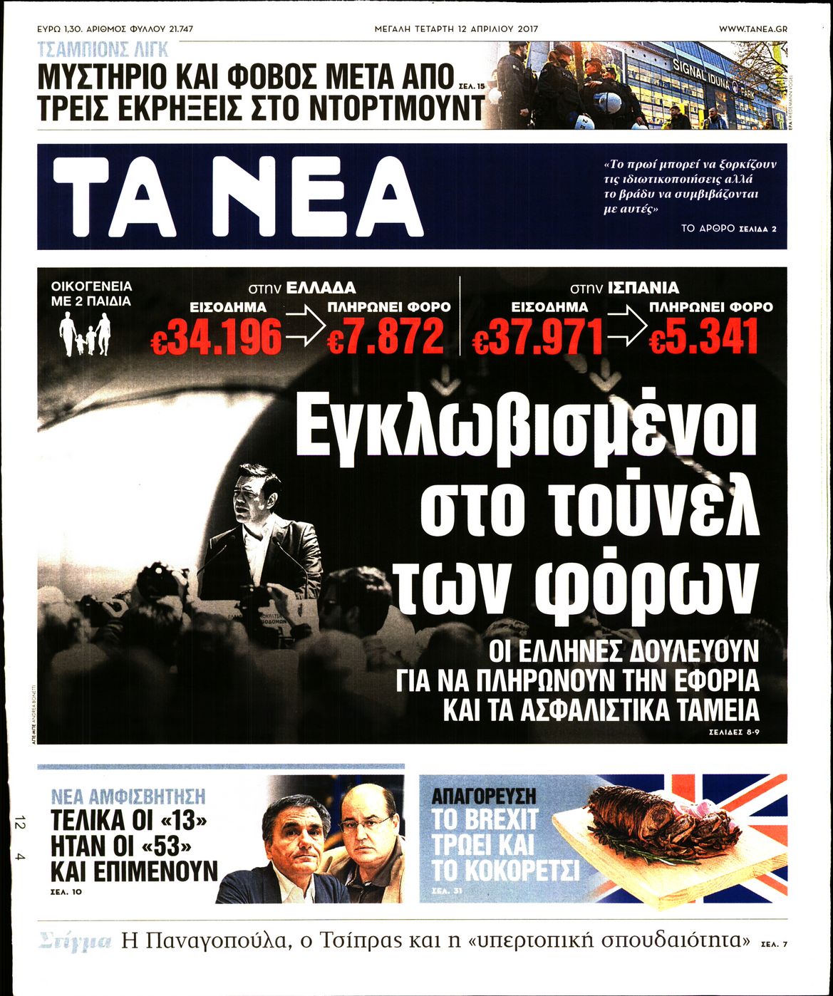 Εξώφυλο εφημερίδας ΤΑ ΝΕΑ 2017-04-12