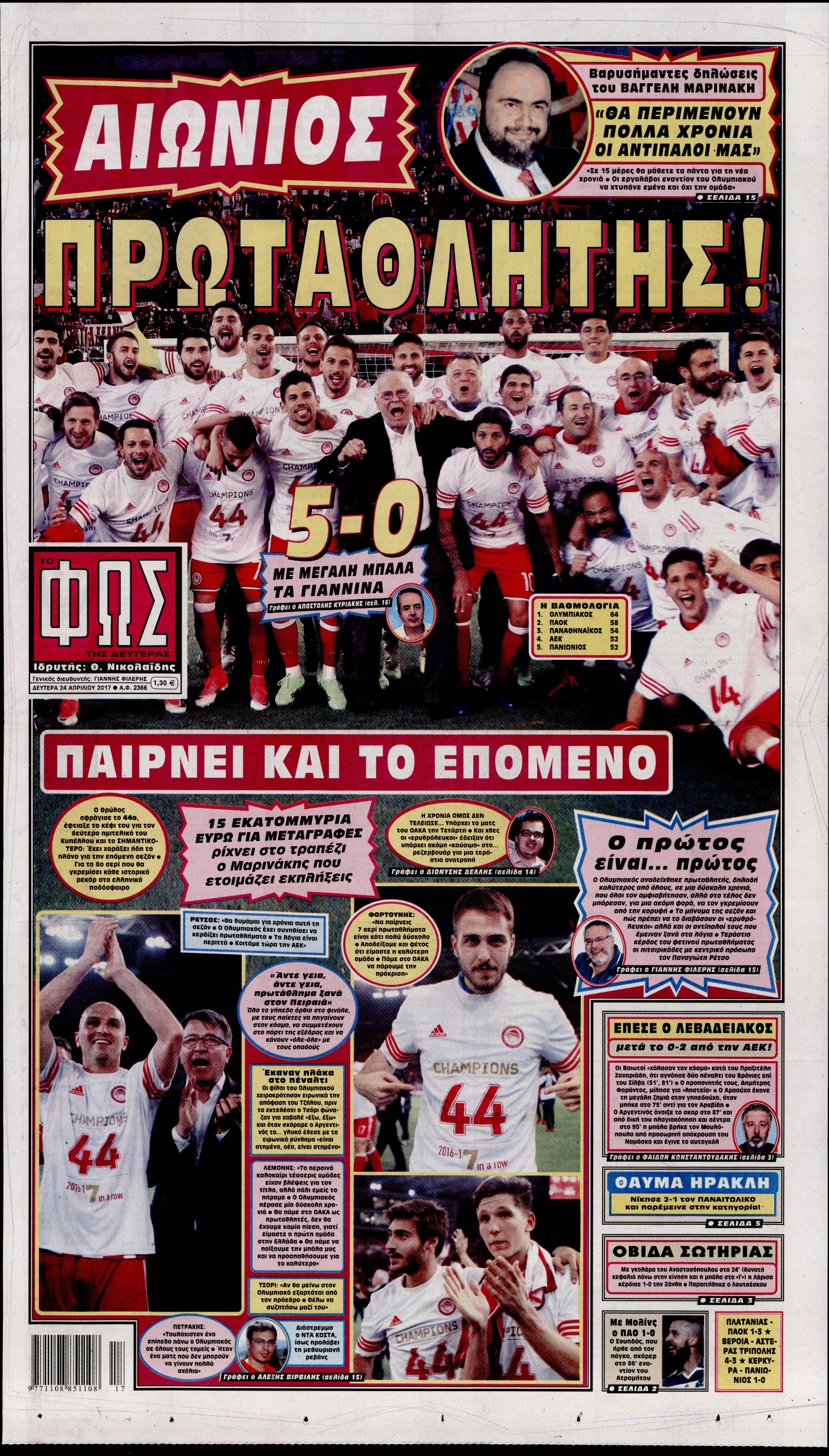 Εξώφυλο εφημερίδας ΦΩΣ ΤΩΝ ΣΠΟΡ 2017-04-24
